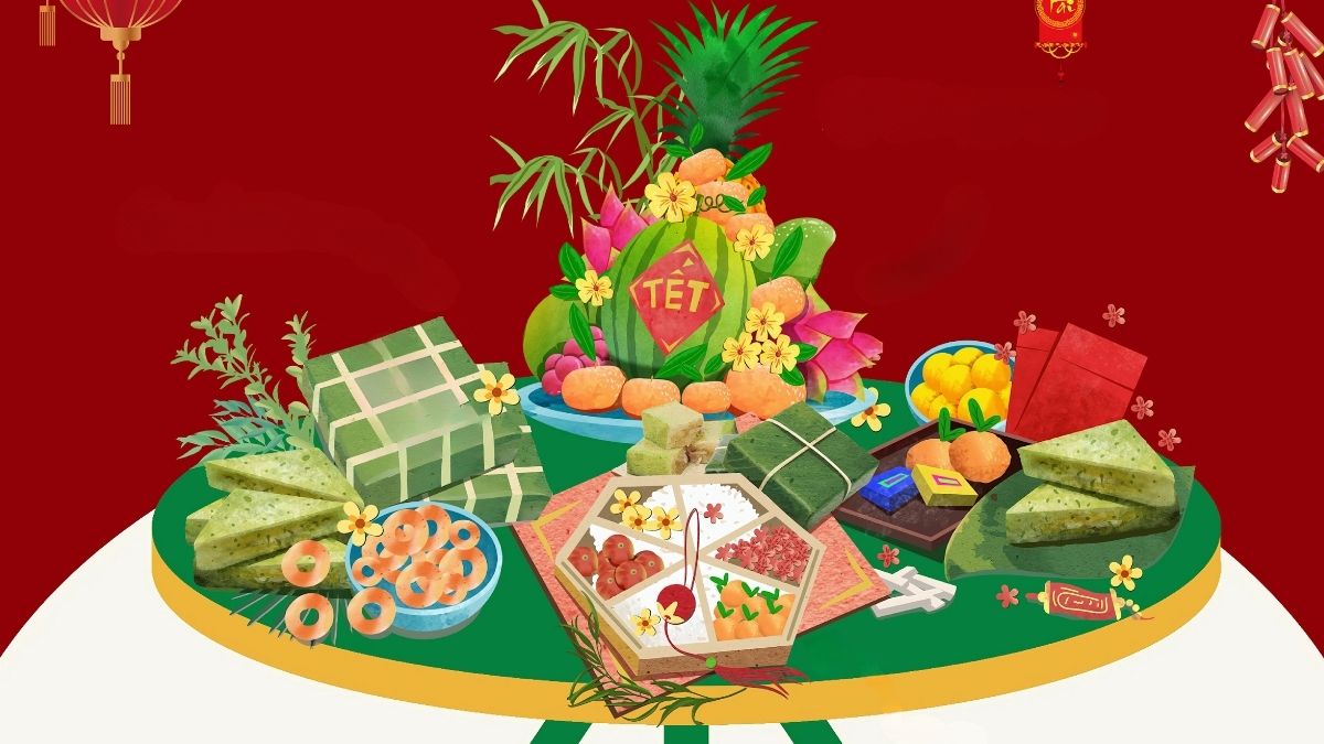 Background mâm ngũ quả, bánh chưng xanh gợi không khí sum vầy, ấm áp và đậm đà hương vị Tết Việt