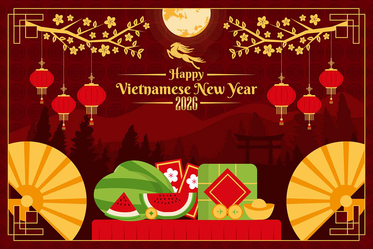 Background mâm ngũ quả, bánh chưng xanh gợi không khí sum vầy, ấm áp và đậm đà hương vị Tết Việt