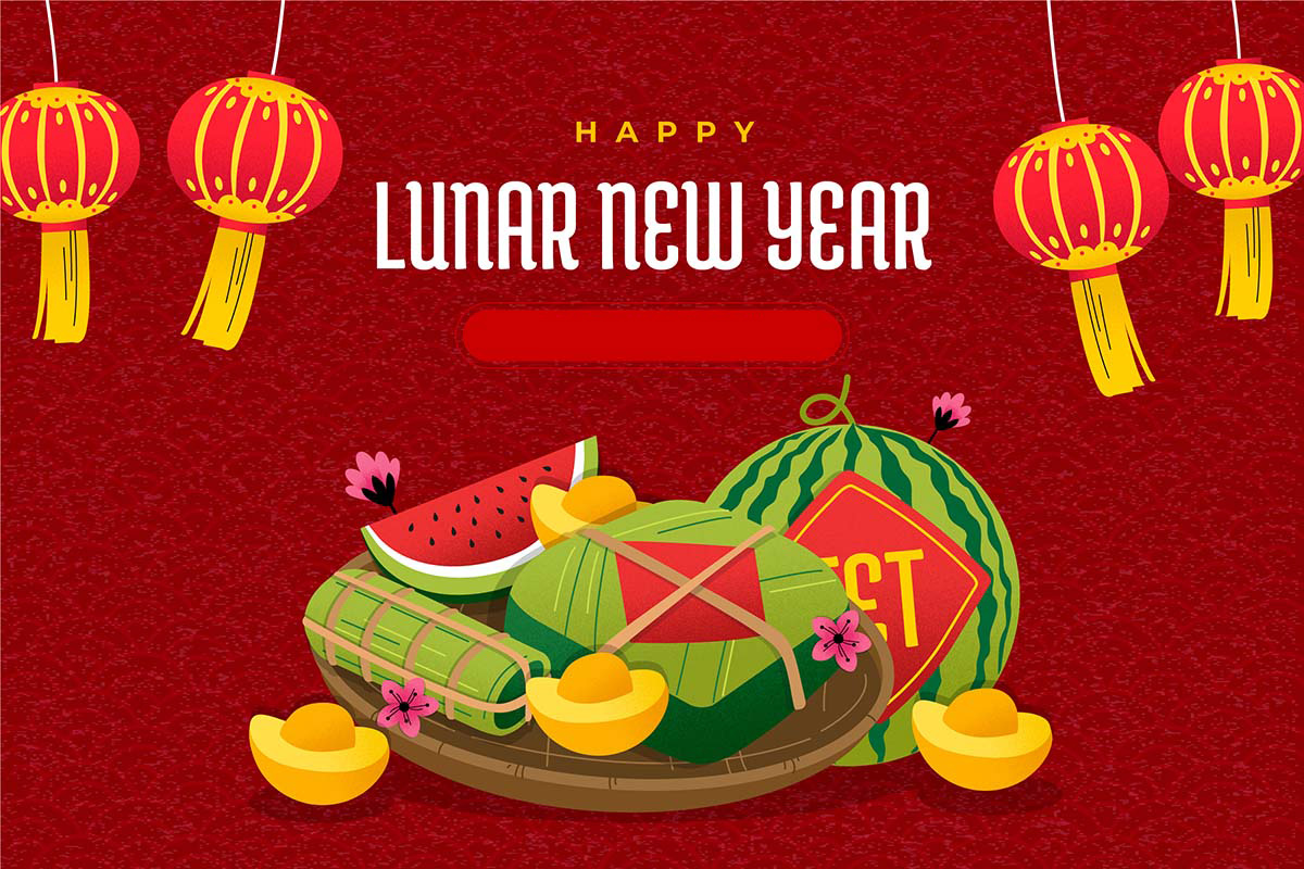 Background mâm ngũ quả, bánh chưng xanh gợi không khí sum vầy, ấm áp và đậm đà hương vị Tết Việt