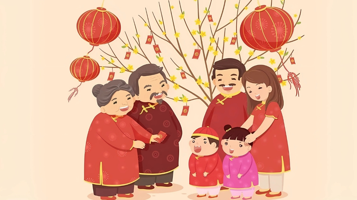 Hình ảnh gia đình đoàn tụ mang lại cảm giác ấm áp cho background Tết