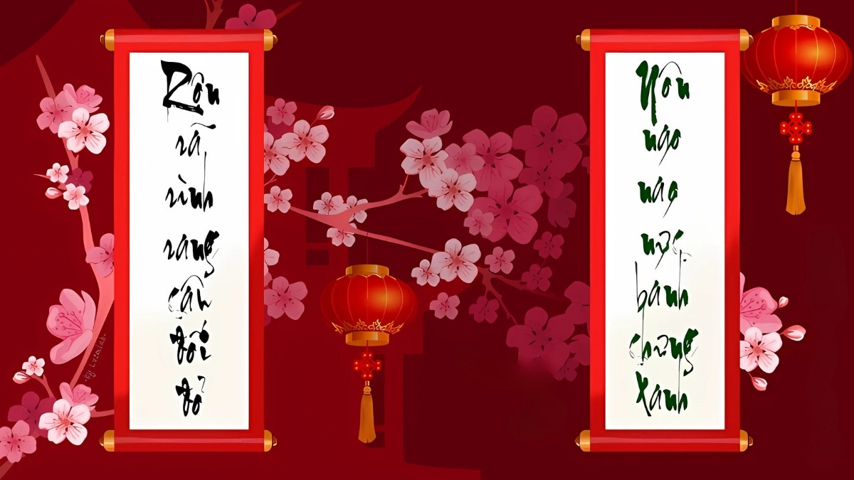 Nét chữ thư pháp trên câu đối đỏ tạo nên vẻ đẹp truyền thống cho background