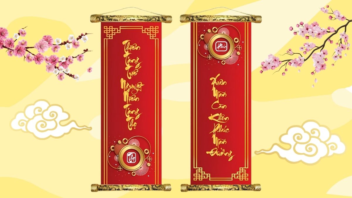 Nét chữ thư pháp trên câu đối đỏ tạo nên vẻ đẹp truyền thống cho background