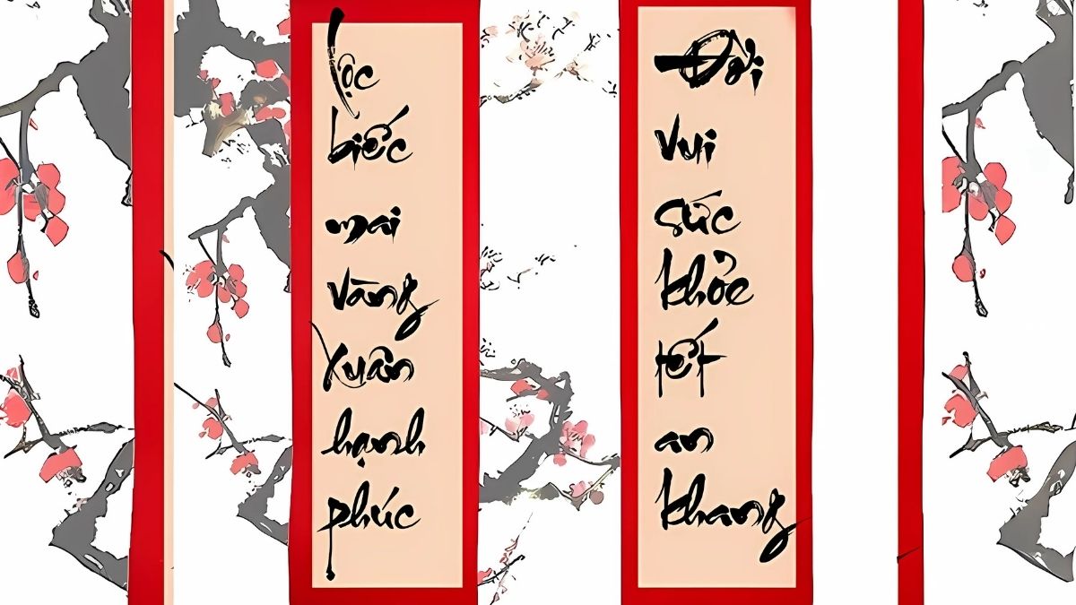 Nét chữ thư pháp trên câu đối đỏ tạo nên vẻ đẹp truyền thống cho background