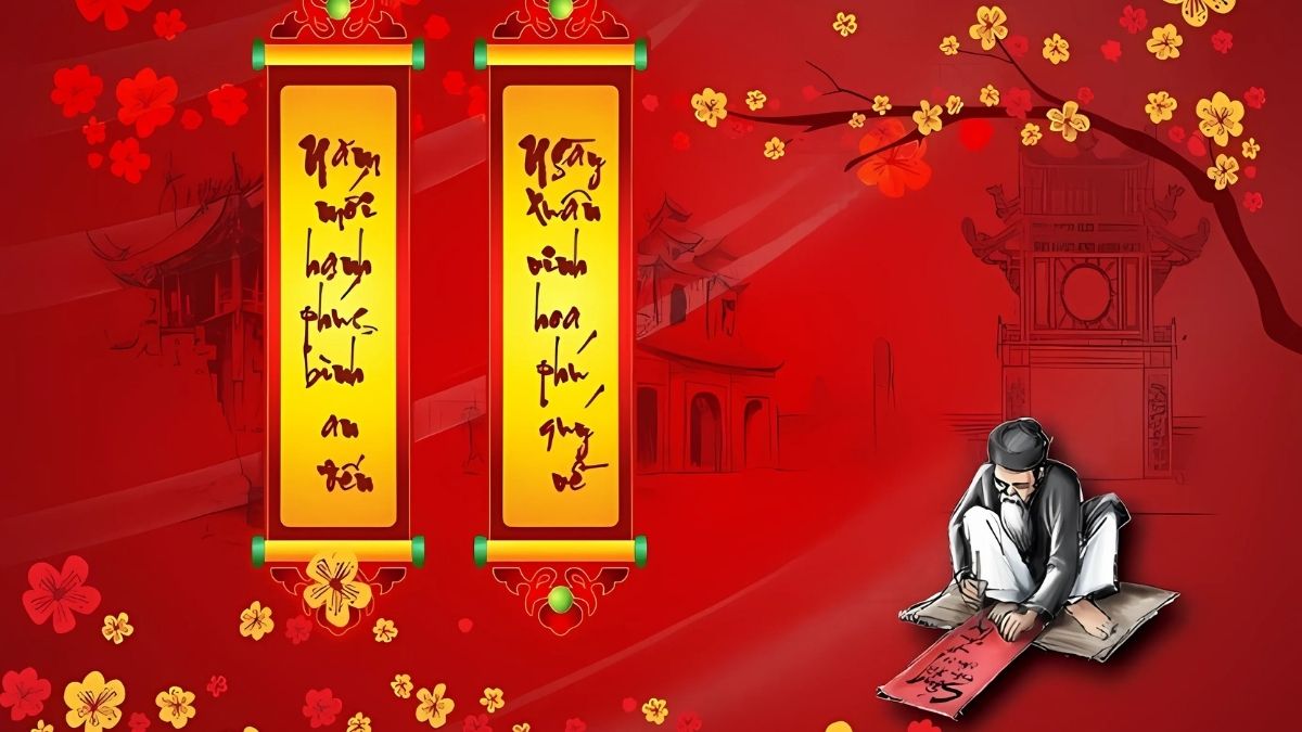 Nét chữ thư pháp trên câu đối đỏ tạo nên vẻ đẹp truyền thống cho background
