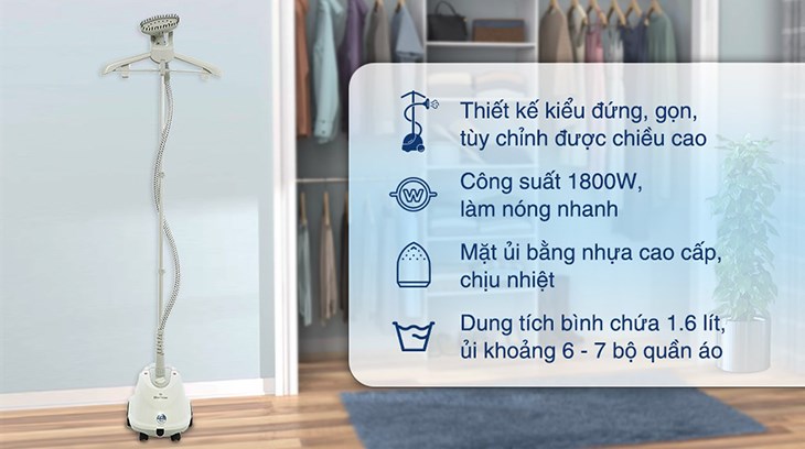 Bàn ủi hơi nước đứng BlueStone GSB-3915 1800W sở hữu thiết kế hiện đại, màu sắc trang nhã