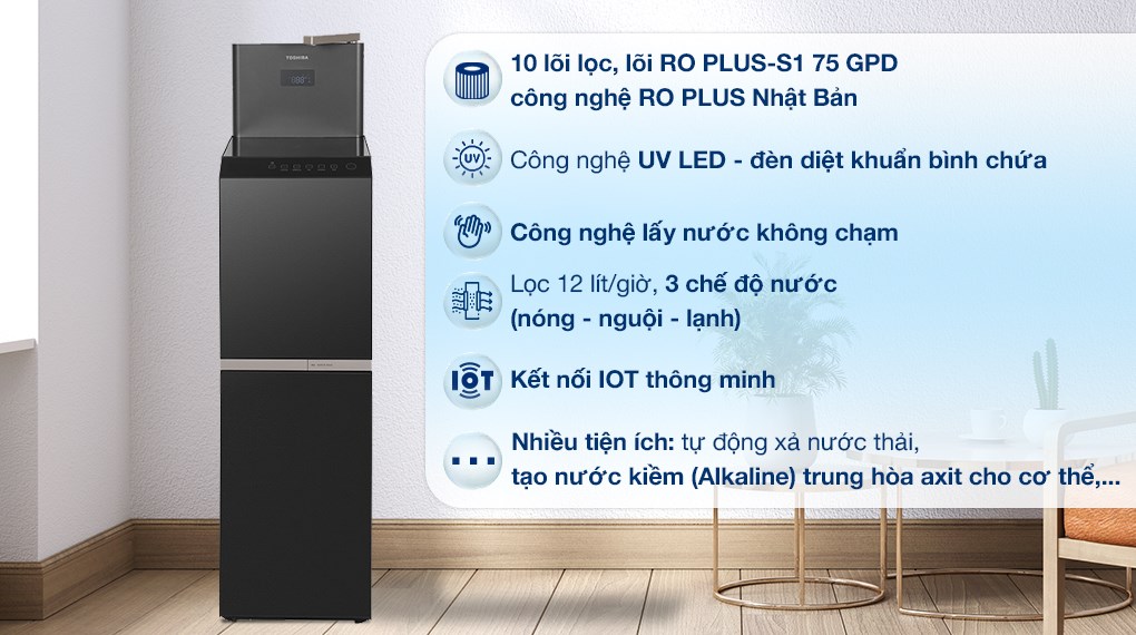 Máy lọc nước RO Toshiba TWP-W2398SVN(M) 10 lõi có thiết kế dạng tủ đứng, dễ dàng đặt ở nhiều không gian khác nhau như phòng khách, phòng bếp, văn phòng