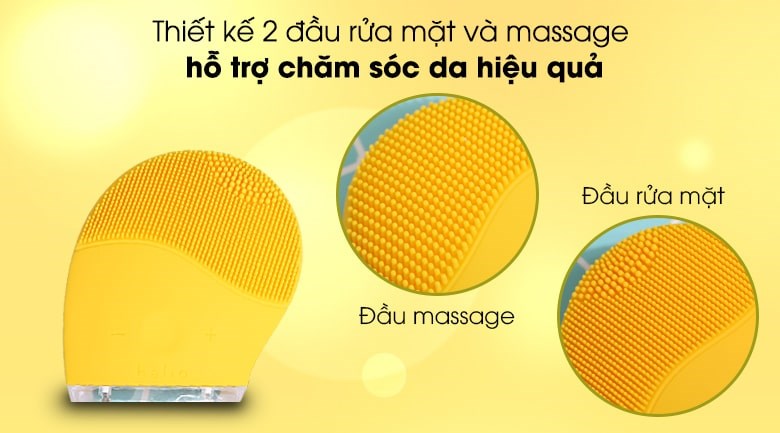Máy rửa mặt và massage Halio Mustard được trang bị 2 đầu giúp người dùng vừa rửa mặt vừa massage nâng cơ