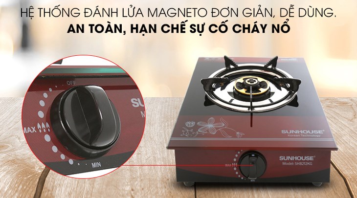Bếp ga đơn Sunhouse SHB212KG sử dụng hệ thống đánh lửa Magneto tạo tia nhanh và nhạy, an toàn khi đun nấu
