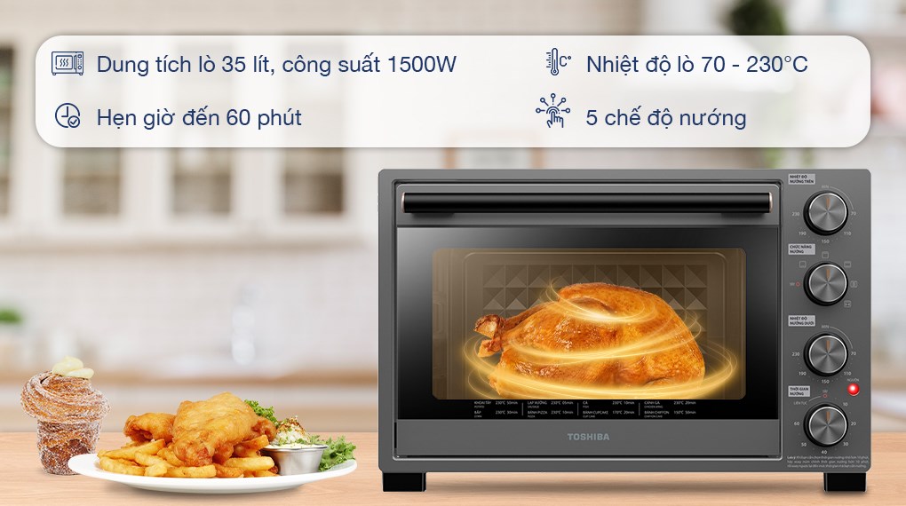 Lò nướng Toshiba TL-MC35Z 35 lít với thiết kế hiện đại, sang trọng, công nghệ làm nóng chân không, có quạt đối lưu, 5 chế độ nướng cài đặt sẵn