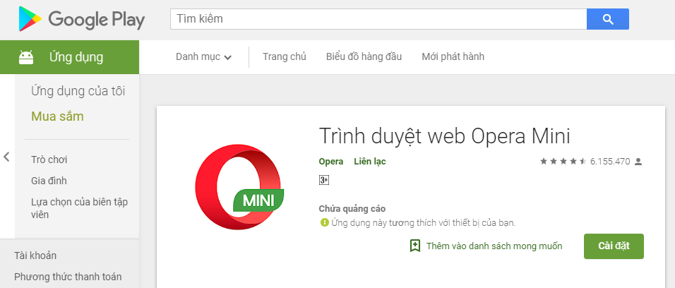 Ứng dụng Opera Mini trên Google Play