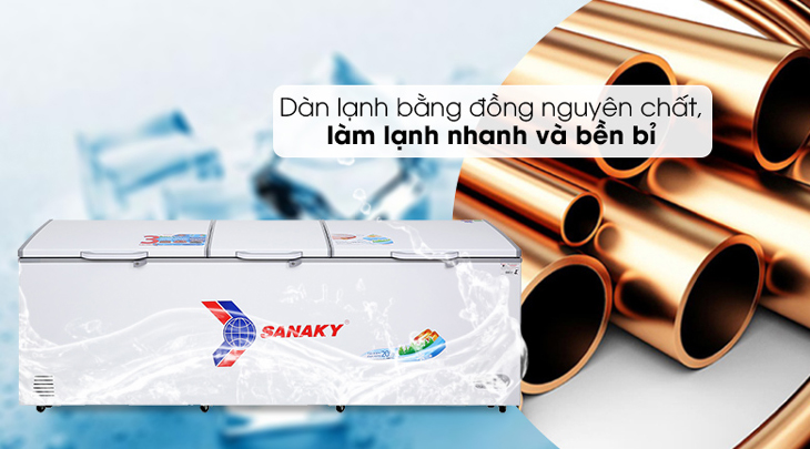Tủ đông Sanaky 900 lít VH-1199HY được trang bị dàn lạnh bằng đồng nguyên chất bền bỉ, có tuổi thọ cao.