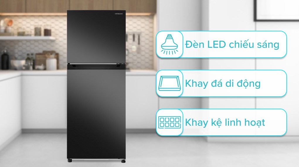 Tủ lạnh Hitachi Inverter 210 lít HRTN5230MUVN được trang bị các tiện ích như đèn LED, khay đá di động linh hoạt, khay kệ thay đổi nhiều chiều