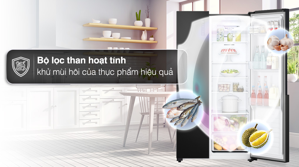 Tủ lạnh LG Inverter 519 lít Side By Side GR-B256BL có trang bị bộ lọc than hoạt tính giúp kháng khuẩn và khử mùi hiệu quả