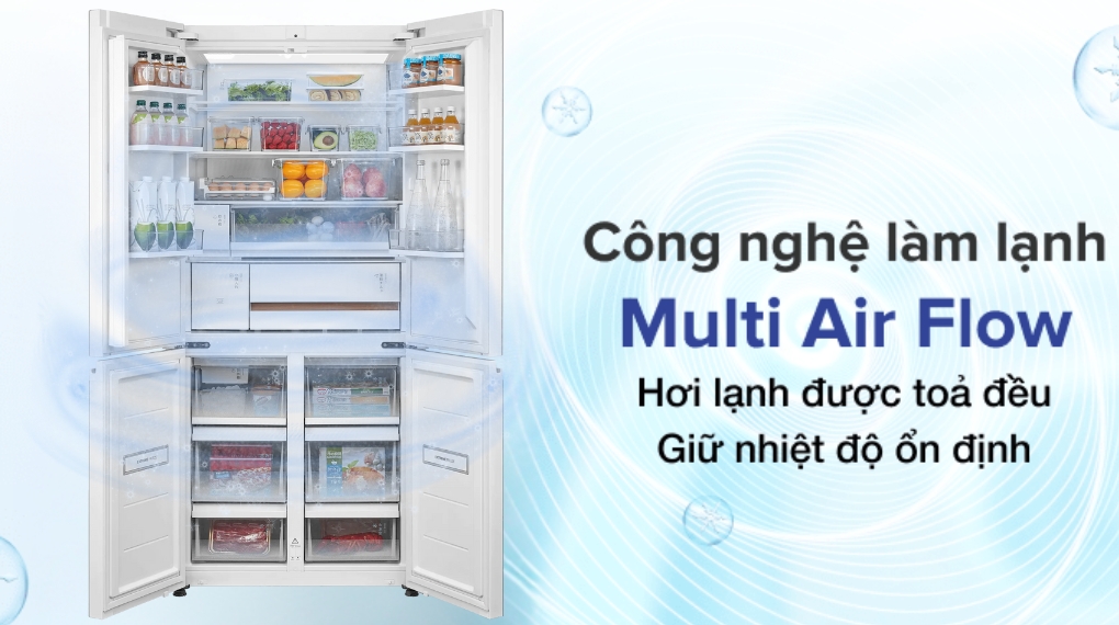 ủ lạnh Toshiba Inverter 535 lít Japandi Multi Door GR-RF695WI-PGV(67) được trang bị công nghệ làm lạnh đa chiều Multi Air Flow làm lạnh thực phẩm nhanh chóng, luồng khí lạnh được lan đều khắp không gian tủ,