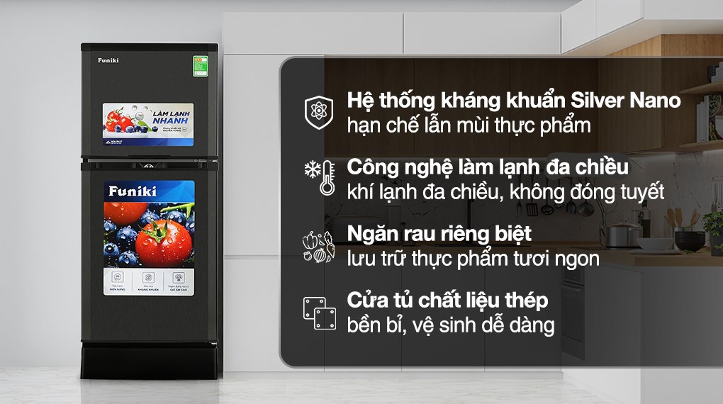 Tủ lạnh Funiki 120 lít HR T6120TDG gồm ngăn đá, ngăn lạnh, kệ, khay cửa, khay đá, nút chỉnh nhiệt