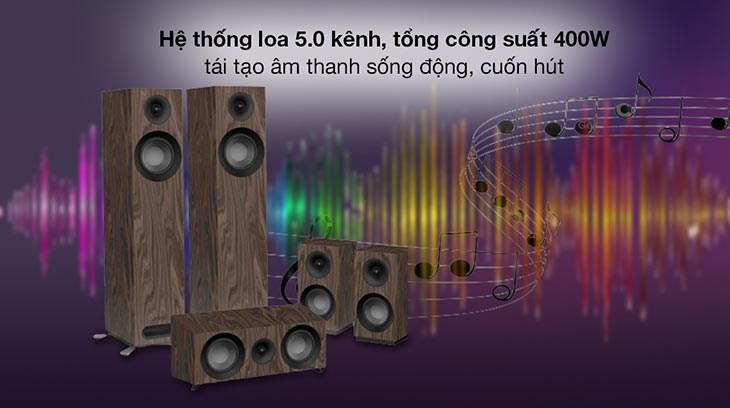 Bộ loa Jamo S805 HCS Walnut 400W trang bị hệ thống 5.0 kênh và công suất 400W tạo lập không gian âm thanh bùng nổ, lôi cuốn