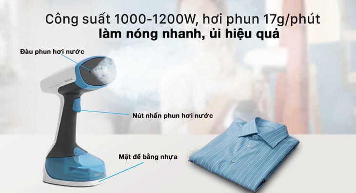 Bàn ủi hơi nước cầm tay Tefal DT7000E0 1200W có công suất lớn từ 1000 - 1200W cho lực phun hơi nước mạnh mẽ, ủi thẳng quần áo nhanh chóng