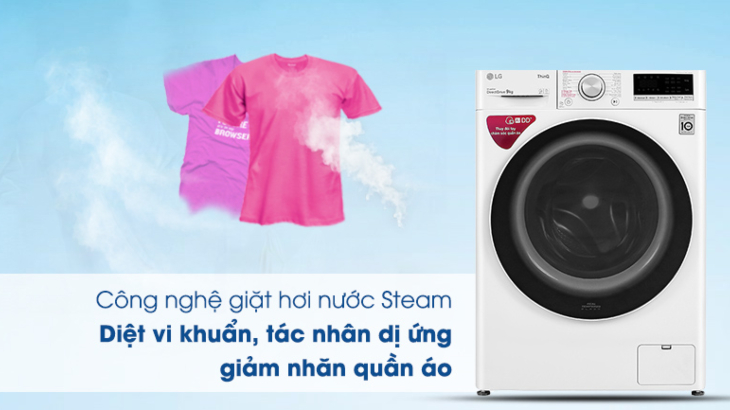 Máy giặt LG Inverter 9 kg FV1409S2W được trang bị công nghệ giặt hơi nước TrueSteam diệt khuẩn 99.9%