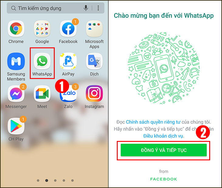 Mở ứng dụng WhatsApp, Nhấn Đồng ý và tiếp tục để đồng ý với các chính sách của ứng dụng.
