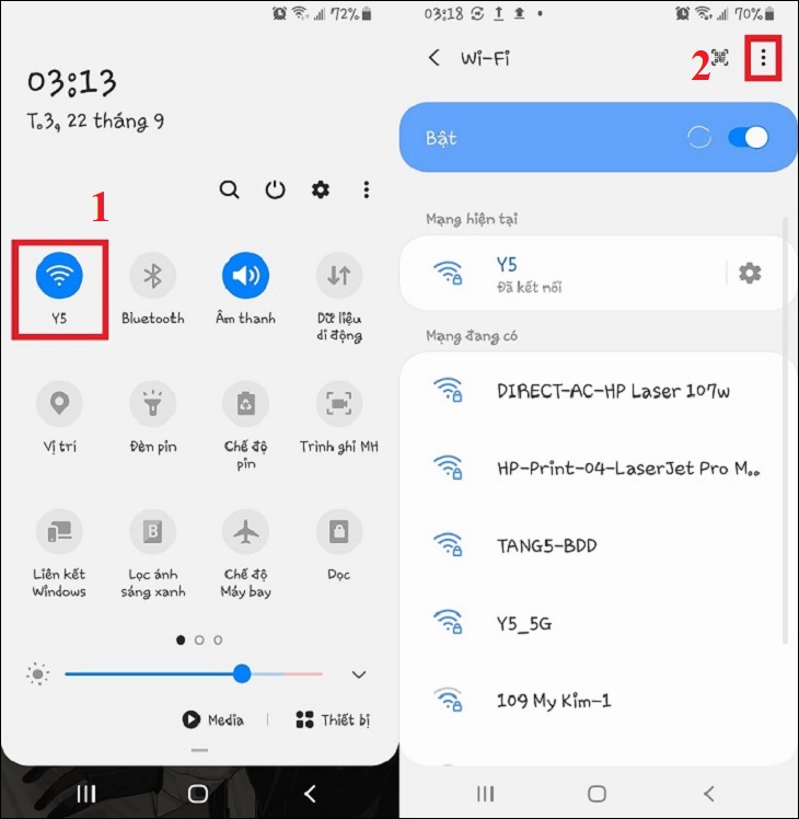 Bước 1: Vuột từ trên xuống để mở menu nhanh > Nhấn đè vào biểu tượng Wi-Fi (hoặc chọn Cài đặt > Chọn Kết Nối > Chọn Wi-Fi).