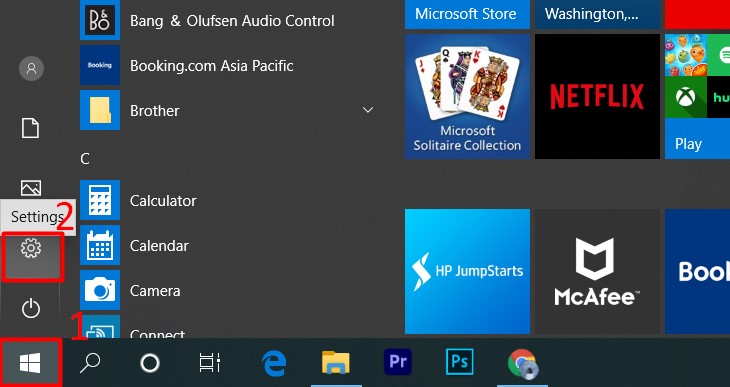 Bước 3: Vào Start > Chọn Settings.
