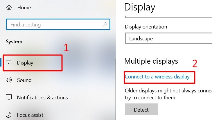 Bước 5: Chọn Display > Chọn Multiple displays > Chọn Connect to a wirelessly display.