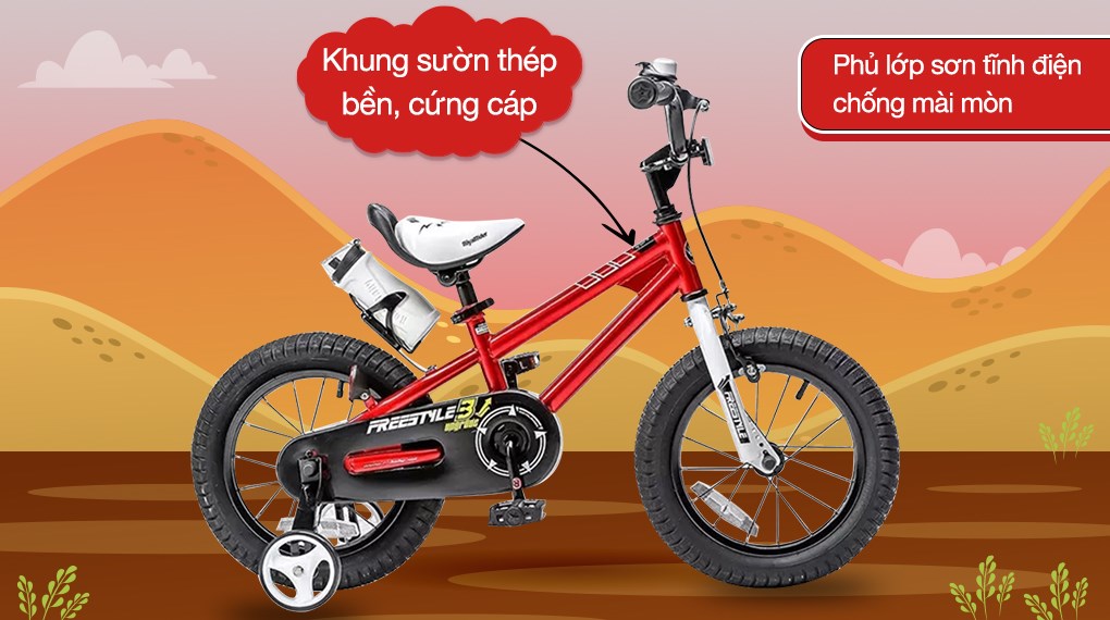 Xe đạp trẻ em RoyalBaby Freestyle RB16B-6 16 inch sử dụng khung sườn thép phủ sơn tĩnh điện bền bỉ, chịu được tải trọng đến 70kg