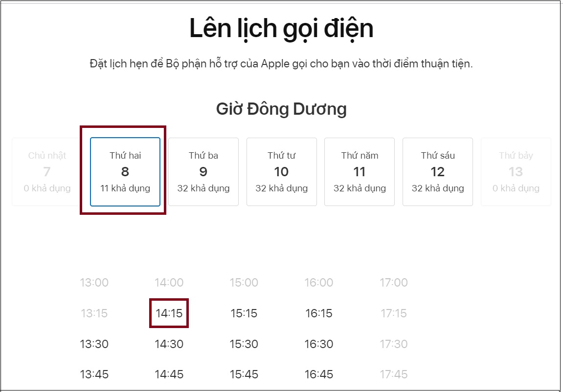 Chọn thời gian mà bạn muốn liên lạc