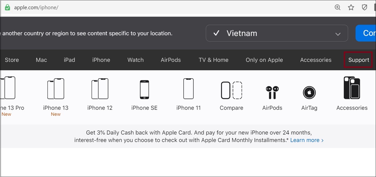 Chọn tiếp Support.