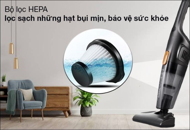 Bộ lọc HEPA của máy hút bụi cầm tay Deerma DX115C lọc sạch những hạt bụi mịn, trả lại không gian nhà thông thoáng, sạch sẽ