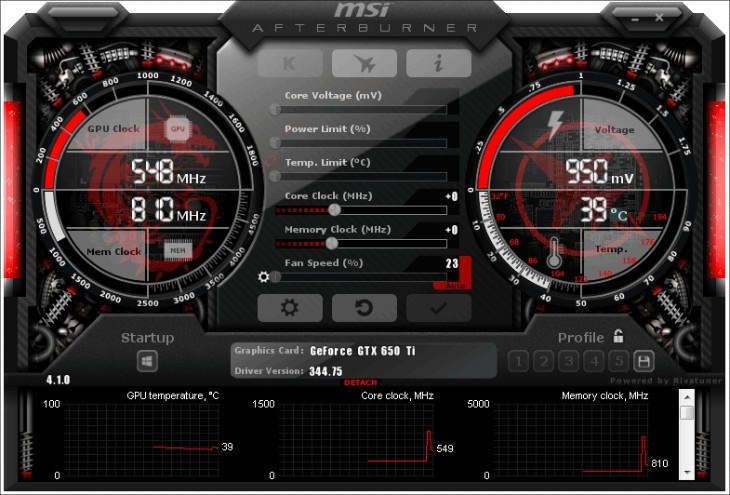 Giao diện phần mềm MSI Afterburner trên laptop