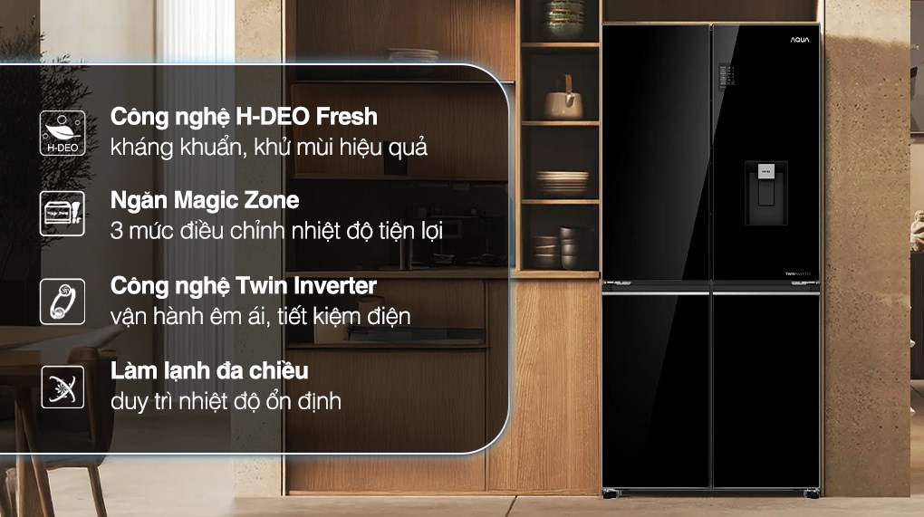Tủ lạnh Aqua Inverter 469 lít Multi Door AQR-M536XA(WGB) có thiết kế sang trọng với bề mặt gương mờ đẹp mắt