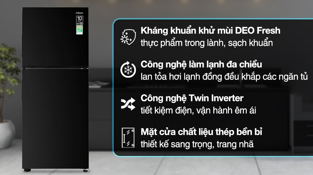 Tủ lạnh Aqua Inverter 189 lít AQR-T220FA(FB) phù hợp gia đình 2–3 người, lưu trữ tiện lợi