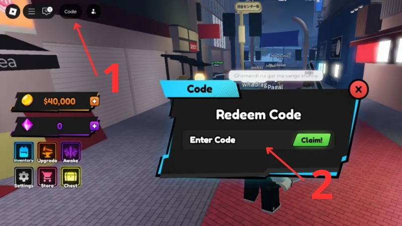 Chi tiết cách nhập code Blade X Zombies mới nhất: chọn mục Code ở góc trên bên trái trong game Roblox