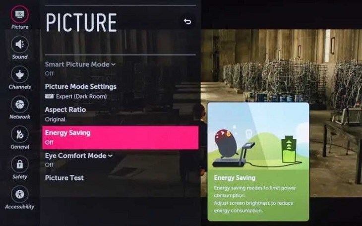 Chọn Off để tắt tính năng Energy Saving trên Smart tivi LG