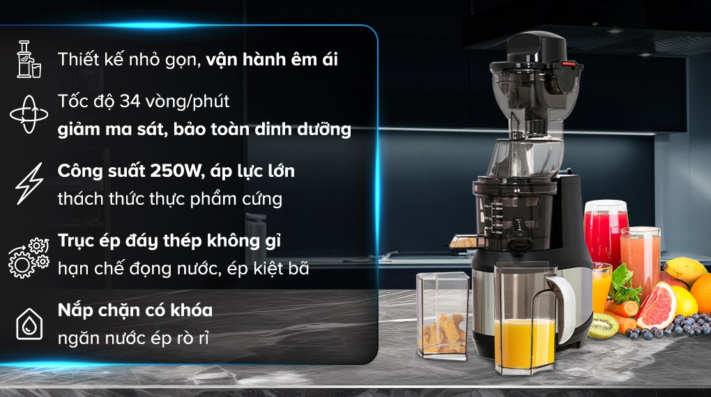 Máy ép chậm Hafele JE230-BL (535.43.531) có công suất 250W cùng động cơ lõi đồng ép kiệt bã hiệu quả