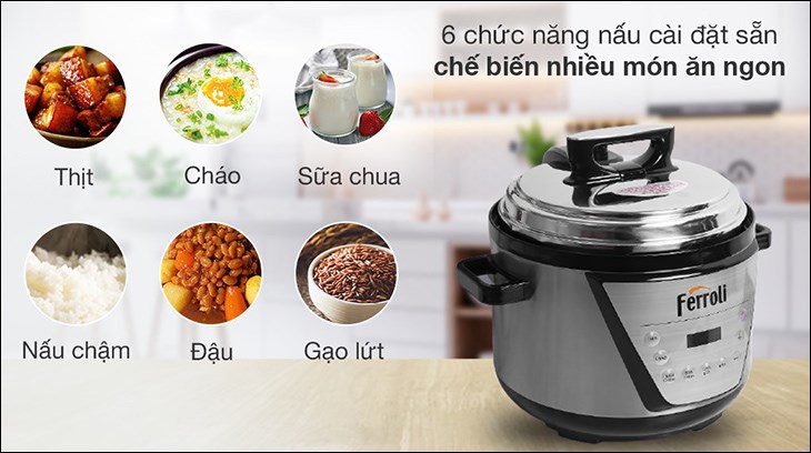 Nhờ tích hợp 6 chế độ nấu cài đặt sẵn, bạn có thể dễ dàng thực hiện các món bằng nồi áp suất điện Ferroli FPC900-D 5 lít