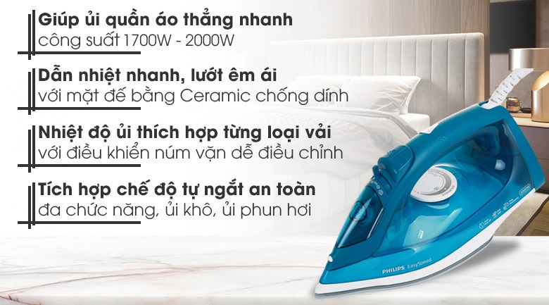 Bàn ủi hơi nước Philips GC1756 2000W với mặt đế bàn ủi phủ chống dính Ceramic bền tốt giúp ủi nhanh và nhẹ nhàng, bảo vệ bề mặt vải tốt