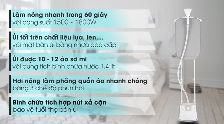 Bàn ủi hơi nước đứng Philips GC487 1800W có  thiết kế gọn gàng, sang đẹp, chiều cao dễ dàng tùy chỉnh
