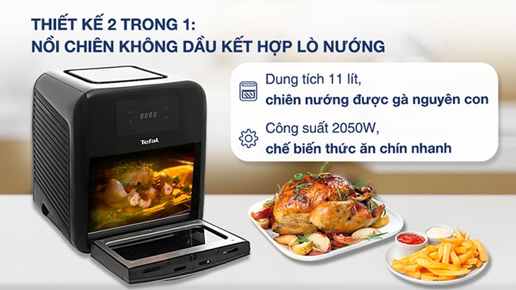 Lò chiên không dầu Tefal FW501815 11 lít có dung tích sử dụng lớn đến 11 lít, công suất hoạt động lớn 2050W, giúp chiên nướng thực phẩm nhanh chín