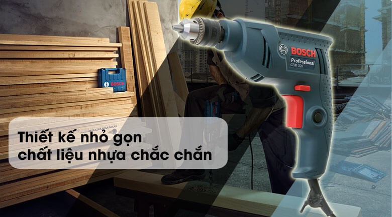 Máy khoan điện Bosch GBM 320 320W có thiết kế nhỏ gọn, dễ cầm nắm giúp khoan, đục, bắt vít,... hiệu quả