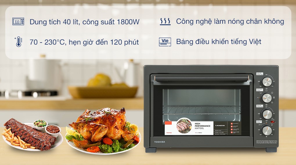 Lò nướng Toshiba TL-MC40EZF(GR) 40 lít với thiết kế hiện đại, sang trọng, công nghệ làm nóng chân không, có quạt đối lưu, 6 chế độ nướng cài đặt sẵn