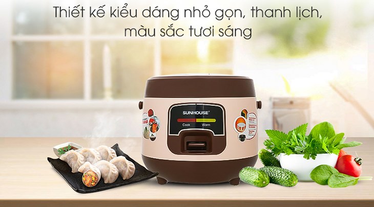 Nồi cơm nắp gài Sunhouse 1 lít SHD8208C có thiết kế phần nắp và phần thân nối liền nhau và có khóa gài ở trên nắp