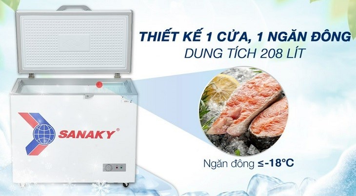 Tủ đông SANAKY 208 Lít TD.VH255HY2 được thiết kế 1 ngăn 1 cửa thao tác tiện lợi cho người dùng