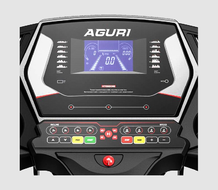 Máy chạy bộ Aguri AGT-108L có thông số quãng đường được hiển thị ở giữa màn hình