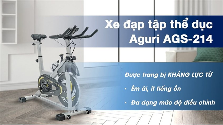 Xe đạp tập thể dục Spin bike Aguri AGS-214 được trang bị kháng lực từ êm ái và đa dạng mức độ giúp phù hợp nhiều thể trạng người dùng