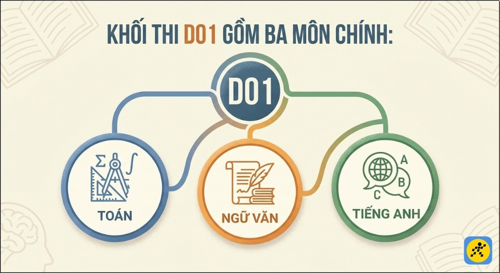 Khối D01 là một trong những tổ hợp xét tuyển phổ biến nhất hiện nay, gồm môn Toán, Ngữ văn và Tiếng Anh