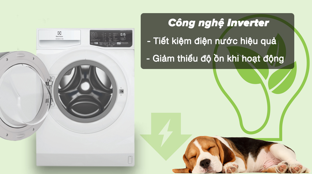 Máy giặt Electrolux Inverter 9 kg EWF9025DQWB có công nghệ Inverter tiết kiệm điện nước hiệu quả, hỗ trợ máy hoạt động êm ái