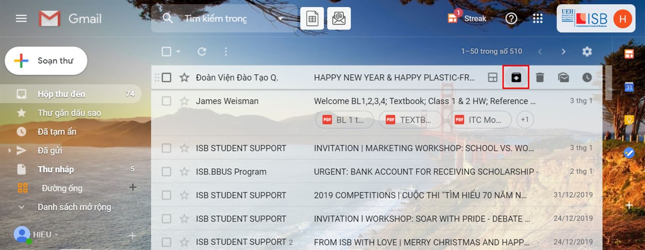 Trỏ vào thư vào nhấp vào biểu tượng Lưu trữ (Archive) bên phải