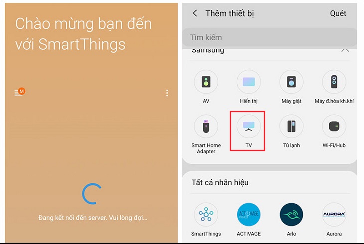 Mở ứng dụng SmartThings trên điện thoại, chọn Bắt đầu > chọn TV